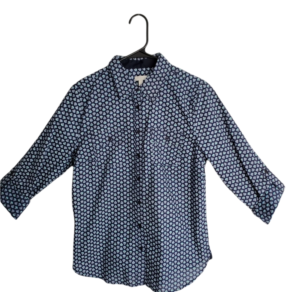 Talbots Womens Size S Navy Blue Pattern Button Down Shirt - long sleeve